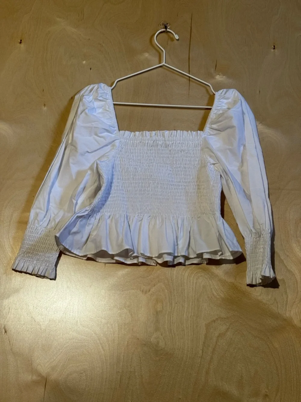 Zara White Smocked Puff Sleeves Cropped 100% Cotton Top Size M